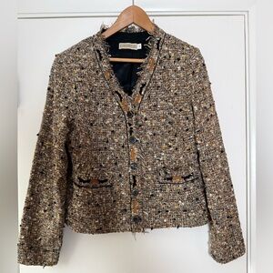 Vintage Canvasbacks Tweed Fringe Blazer Jacket Brown Tan V-Neck Size 12